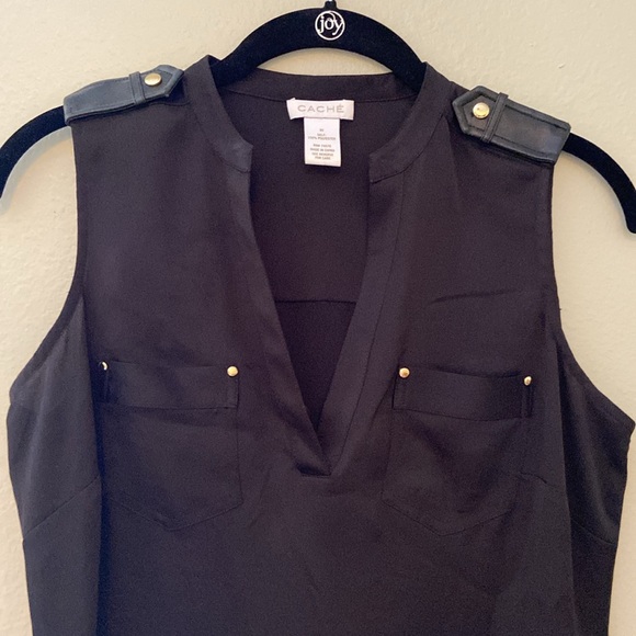 Cache Black Silky Faux Leather Epaulets Sleeveless Tank w/ V Neck & Pockets - Picture 2 of 6